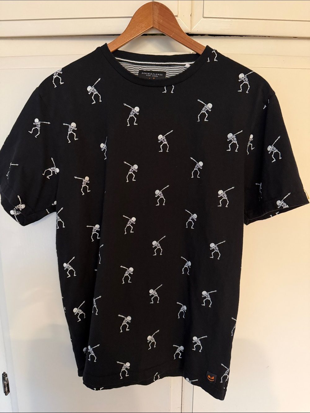 Denim & Flower Black Short-Sleeve Tee with White Skeleton Print